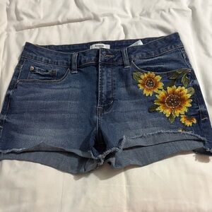 Kensie Blue Jean Shorts with Sunflower Embroidery